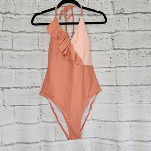 Cupshe Women's Peach Two Tone Ruffle One Piece Halter Swimsuit Extra Large NWT